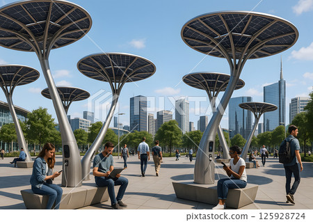 People using futuristic solar charging stations shaped like trees in modern city park on sunny day with urban skyline in background 125928724