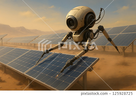 Autonomous robot with multiple arms maintaining solar panels in desert environment under sunny sky and dry dusty conditions 125928725