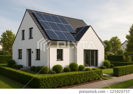 Modern small house with solar panels on roof and well kept garden under soft daylight in peaceful suburban residential neighborhood 125928737