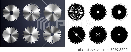 Circular saw blade. Round carpentry tool icons. Industrial rotary wheels.Vector 125928831