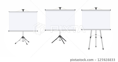 Empty Projection screen, Presentation board in realistic style. Horizontal roll up banner. Blank whiteboard for conference. Vector EPS 10. 125928833