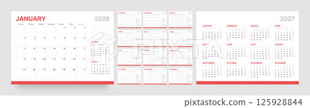 Monthly calendar layout for 2026. Planner diary. Monthly calendar layout for 2026. Planner diary. 125928844