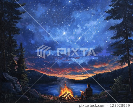 Starry Night Sky Above a Calm Lake with Reflective Waters 125928939