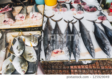 assortment catch of fresh fish. Chilled king mackerel and tuna on counter at Asian Seafood Market in Vietnam assortment catch of fresh fish. Chilled king mackerel and tuna on counter at Asian Seafood Market in Vietnam 125929049