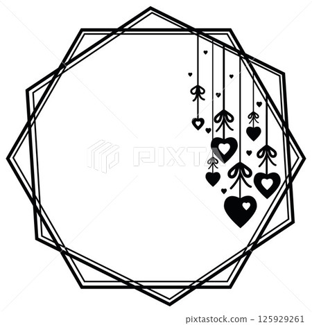 Romantic heart garland frame, black outline template 125929261