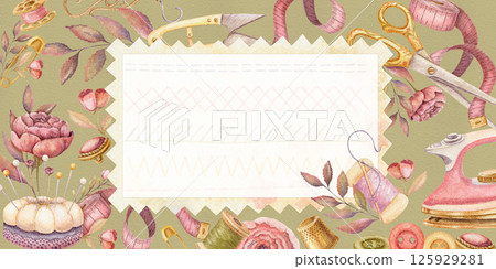 Sewing tools watercolor banner with fabric sample and copy space. Hand drawn vintage floral template with iron and pincushion. Perfect for tailor shop or atelier advertising background and web design. 125929281