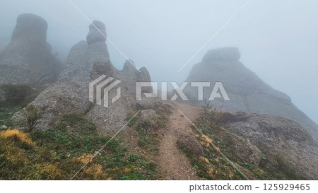 path through the mountains in the fog path through the mountains in the fog 125929465