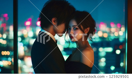 A man and a woman standing together with the night view in the background 125929501
