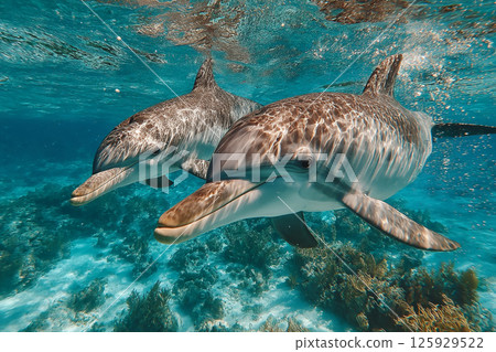 Dolphins Underwater. Two dolphins swim gracefully in crystal-clear Dolphins Underwater. Two dolphins swim gracefully in crystal-clear 125929522