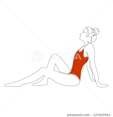 One line drawing woman in swimsuit sitting on the beach. Modern minimalism art, aesthetic contour. Abstract girl silhouette, minimalist style. Female line vector illustration. 125929563