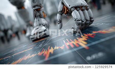 Futuristic Robotics. A robotic hand interacts with a digital interface displaying data analytics 125929574