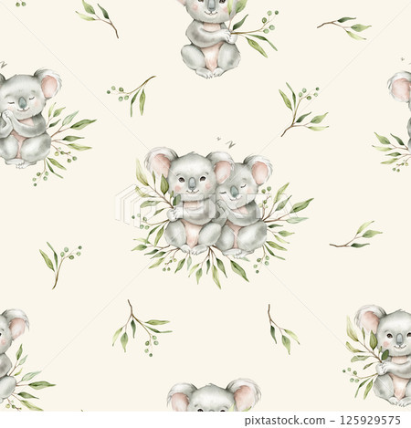 Seamless pattern with green eucalyptus leaves and cute koalas. Watercolor illustration isolated on background. Cartoon kids print with animals minimalist scandinavian style. For children design 125929575