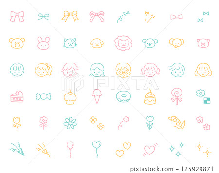 A vector illustration set of hand-drawn cute icons. Hand-drawn, ribbon, animals, children, sweets, flowers, hearts A vector illustration set of hand-drawn cute icons. Hand-drawn, ribbon, animals, children, sweets, flowers, hearts 125929871