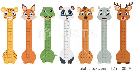 Kids height chart with cute animal cartoon, leopard, fox, crocodile, panda, hyena, rhino, and deer 125930069