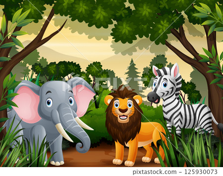 Wild animal cartoon in a lush jungle Wild animal cartoon in a lush jungle 125930073