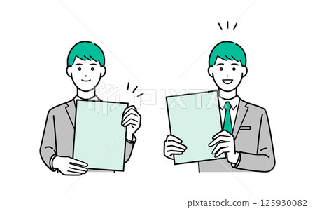 Simple upper body vector illustration set of a man in a business suit holding a binder and explaining 125930082