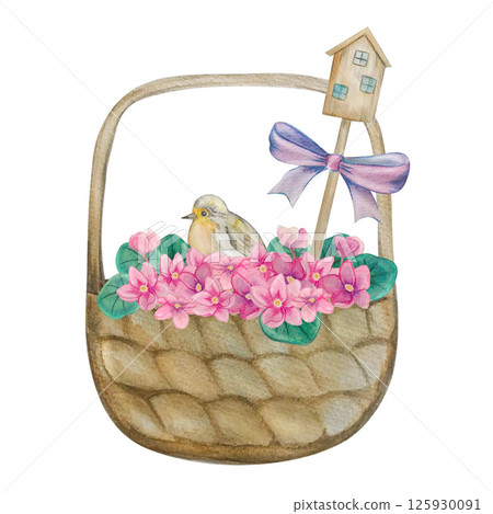 basket with flowers watercolor basket with flowers watercolor 125930091