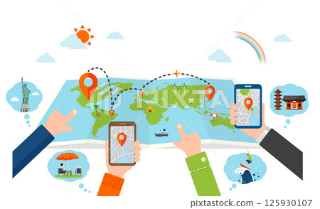 Color illustrations with overseas travel and travel motifs (world map and travelers) 125930107