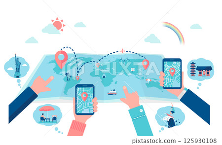 海外旅行和旅行主題的彩色插圖(世界地圖和旅行者) 海外旅行和旅行主題的彩色插圖(世界地圖和旅行者) 125930108