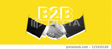b2b, business to business concept. business people shaking hands with text B2B, isolated on yellow background with copy space. illustration collage style 125930189