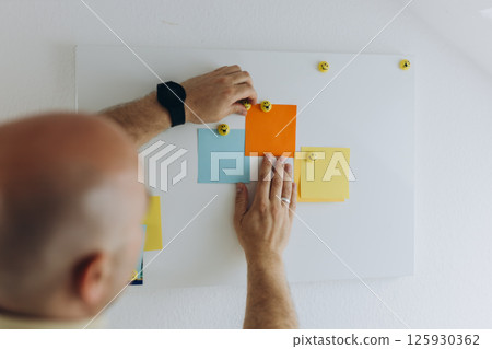 Businessman attaches colorful English sticky notes to whiteboard using smiley magnets. Office setting, concepts of legal work, planning, and brainstorming Businessman attaches colorful English sticky notes to whiteboard using smiley magnets. Office setting, concepts of legal work, planning, and brainstorming 125930362