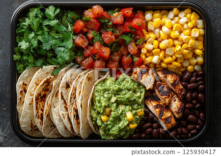 Taco inspired lunch box with black beans, guacamole, grilled chicken and corn tortillas. Mexican lunch box. Taco inspired lunch box with black beans, guacamole, grilled chicken and corn tortillas. Mexican lunch box. 125930417