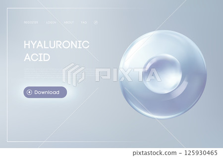 Hyaluronic acid molecule skincare, transparent liquid bubble on soft gray gradient background. Hydration and Beauty concept for Cosmetics, Dermatology, and Anti aging product promotion. Hyaluronic acid molecule skincare, transparent liquid bubble on soft gray gradient background. Hydration and Beauty concept for Cosmetics, Dermatology, and Anti aging product promotion. 125930465
