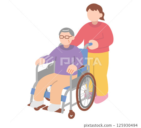 Illustration of a woman pushing a wheelchair in which a senior man sits 125930494