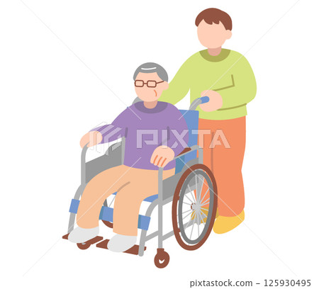 一名男子推著輪椅，輪椅上坐著一位老人的插圖 125930495