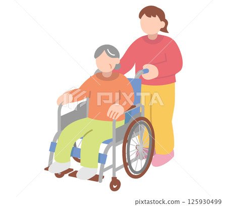 Illustration of a woman pushing a wheelchair in which a senior woman sits Illustration of a woman pushing a wheelchair in which a senior woman sits 125930499