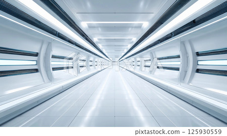 Long white tunnel with modern lighting and clean lines extending to a distant point, creating a sense of futuristic ambiance and design Long white tunnel with modern lighting and clean lines extending to a distant point, creating a sense of futuristic ambiance and design 125930559