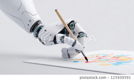 Robot hand painting colorful art on a blank canvas, showcasing the intersection of technology and creativity in a modern setting 125930591