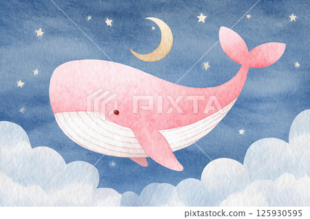 Whale swimming through a starry night sky with clouds and a crescent moon. Watercolor illustration. 125930595