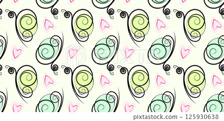 Stylized Hand drawn Butterflies and Decorative hearts Seamless Pattern Trendy Hues Summer Background 125930638