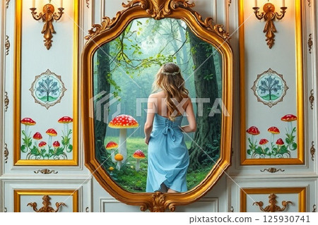 Back view of a woman in a light blue dress in the mirror 125930741