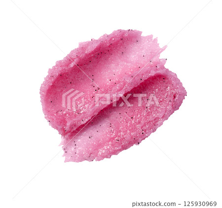 Smear texture of pink strawberry scrub isolated on white background. Fruit exfoliation scrubber for body and face in SPA. Body care scrub for design. Smear texture of pink strawberry scrub isolated on white background. Fruit exfoliation scrubber for body and face in SPA. Body care scrub for design. 125930969