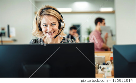 A woman wearing a headset is smiling at the camera 125931014