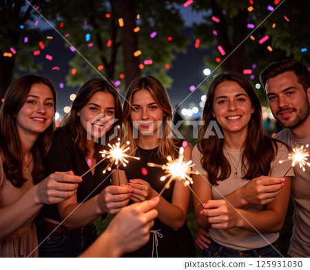 A group of people are holding sparklers and smiling 125931030