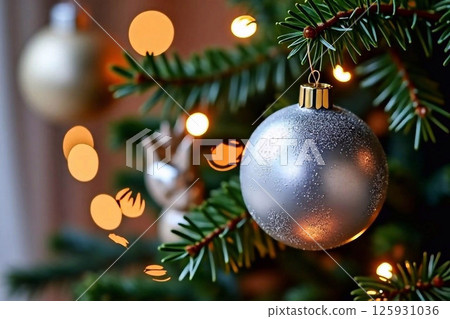 A silver Christmas ornament hangs on a tree 125931036