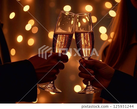 Two people are holding up champagne glasses to toast 125931244