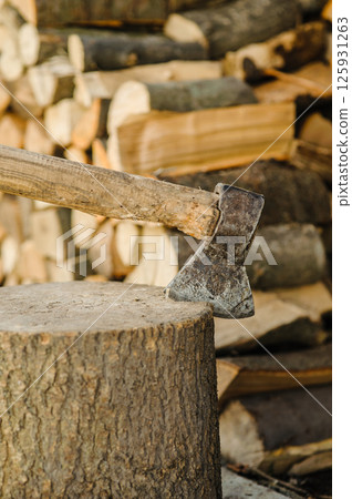An axe is stuck in a sturdy stump. Behind it, there are many chopped and stacked logs.  125931263