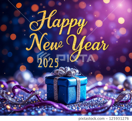 A blue box with a gold bow on top of a purple background with the words Happy New Year 125931276