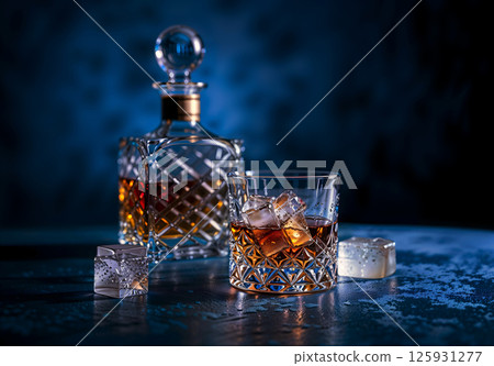 A bottle of liquor and a glass of ice water sit on a table 125931277