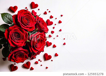 A bouquet of red roses with hearts scattered around them 125931278