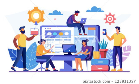 Software engineers, designers, and developers work collaboratively to design, develop, and test software applications. Software engineers, designers, and developers work collaboratively to design, develop, and test software applications. 125931357