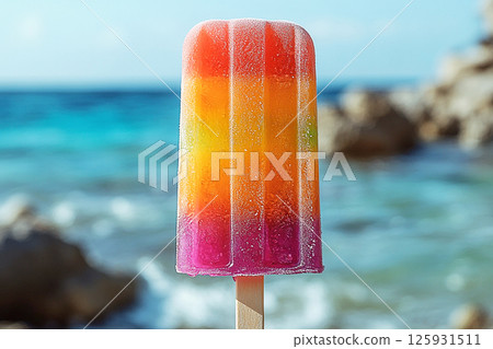 Popsicle with rainbow colors on a long stick on a summer background. Summer fun. Retro style. Popsicle with rainbow colors on a long stick on a summer background. Summer fun. Retro style. 125931511