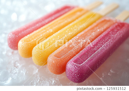 Popsicles with rainbow colors on a long stick on a white background. Summer fun. Retro style. Popsicles with rainbow colors on a long stick on a white background. Summer fun. Retro style. 125931512