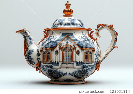 Ceramic teapot in shape of a house in a Baroque style on a white background. Ceramic teapot in shape of a house in a Baroque style on a white background. 125931514