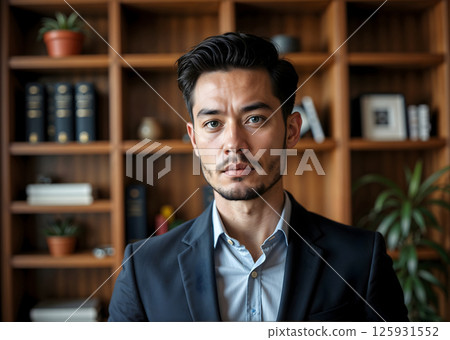 A man in a suit and tie stands in front of a bookshelf 125931552