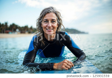 A woman is smiling and laying on a surfboard in the ocean A woman is smiling and laying on a surfboard in the ocean 125931559